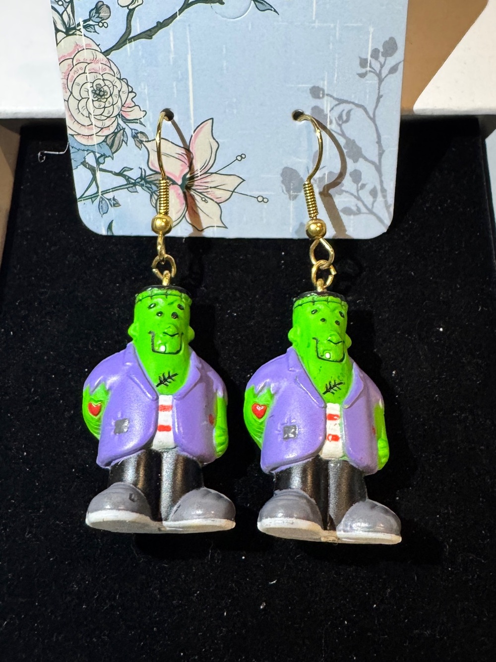 Vintage Green Frankenstein Novelty Drop Earrings - Purple Jacket